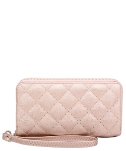 Quilted Double Zip Around Wallet Wristlet QW0012 ROSE GOLD